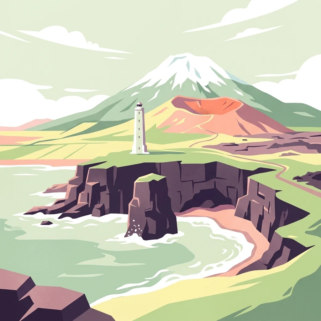 Una ilustración vectorial plana y estilizada del Parque Nacional Snæfellsjökull en Islandia, con un faro blanco sobre un acantilado oscuro que domina una cala, con el volcán nevado y un cráter al fondo.