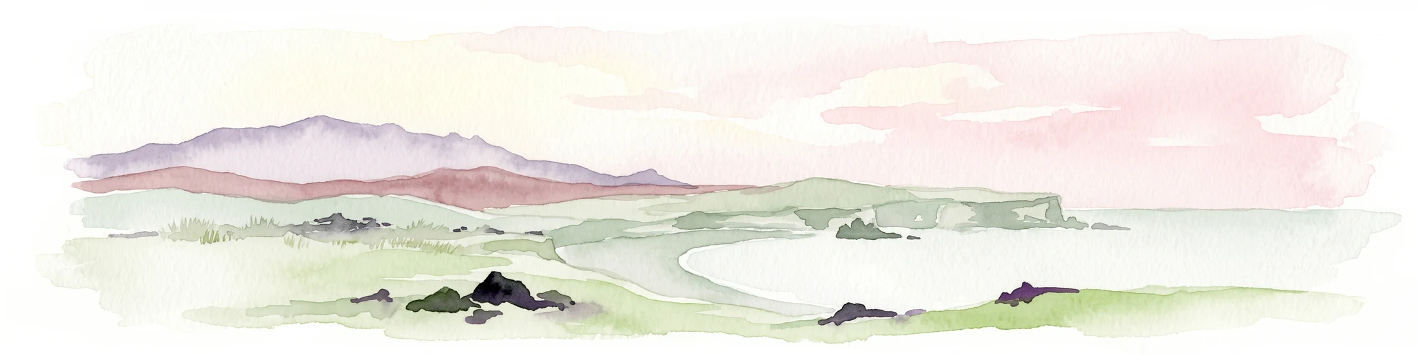 A horizontal watercolor illustration depicting a soft, pink-hued coastal landscape with rolling hills, rocky outcrops, and a quiet bay.
