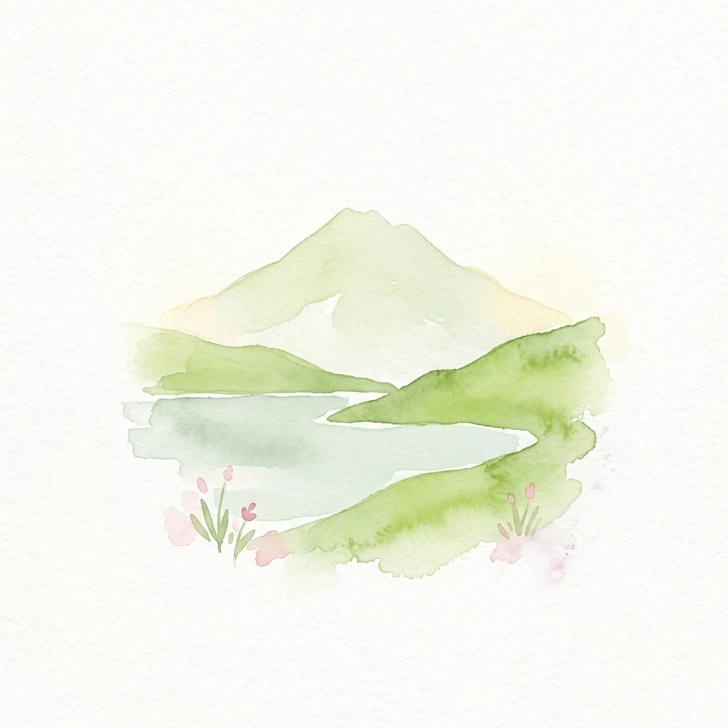 Ilustración en acuarela de una montaña, un lago y un paisaje verde con flores rosas