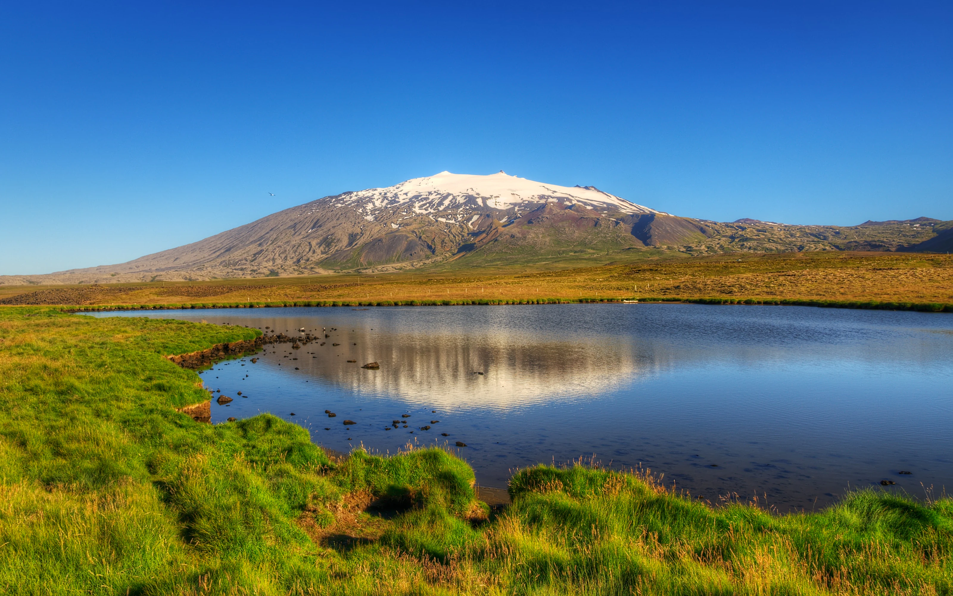 A large snow-capped mountain reflecting in a still lake with green grassy shores under a clear blue sky.