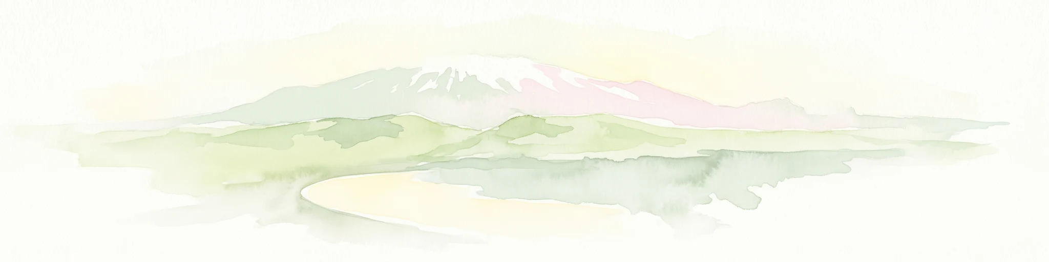 Ilustración acuarela de un paisaje montañoso con un pico cubierto de glaciares y campos verdes circundantes