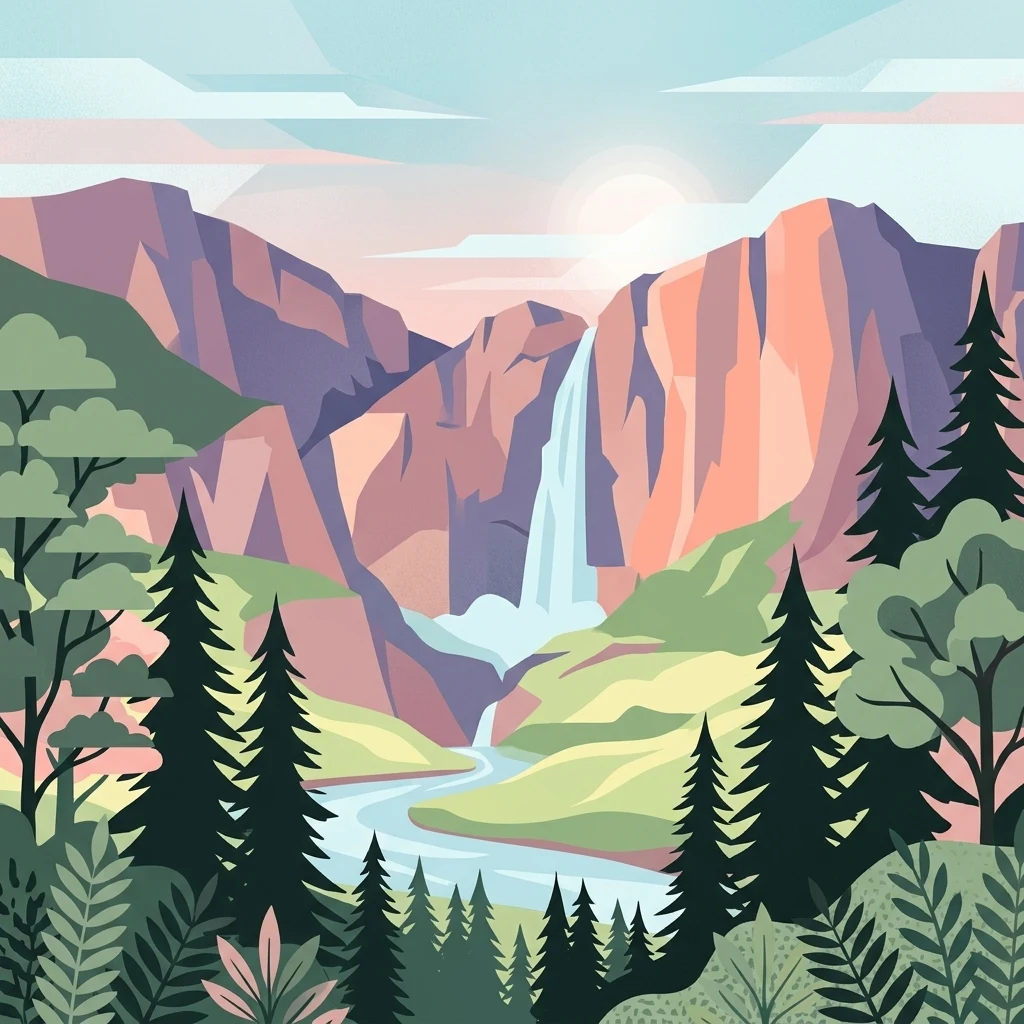 Una ilustración digital de un valle pintoresco con acantilados altos, una cascada en cascada, un río serpenteante y un bosque denso de árboles de hoja perenne bajo un cielo suave iluminado por el amanecer.