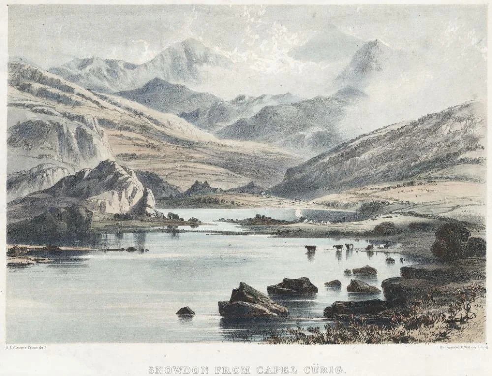 Historical illustration showing Snowdon mountain, a lake with rocky outcrops, and surrounding hills and mountains