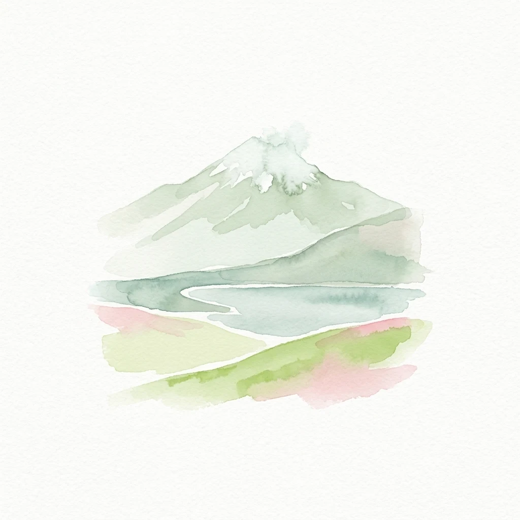 Watercolor illustration of a mountain with snow-capped peak, a lake, and colorful fields