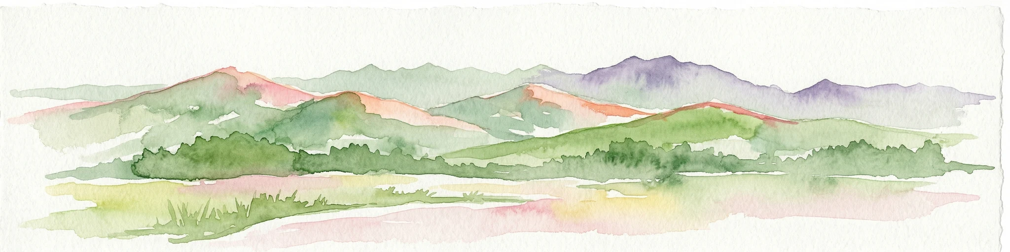 Ilustración acuarela de montañas onduladas y valles verdes con picos distantes