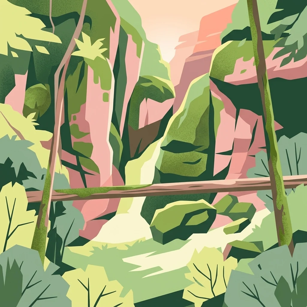 A stylized digital illustration of a forested ravine with rocky cliffs and a small stream, featuring warm pink and green tones.