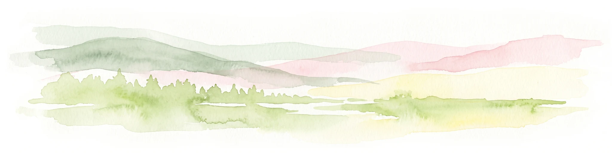 A minimalist watercolor painting depicting rolling hills and a meadow landscape in soft shades of green and pink.
