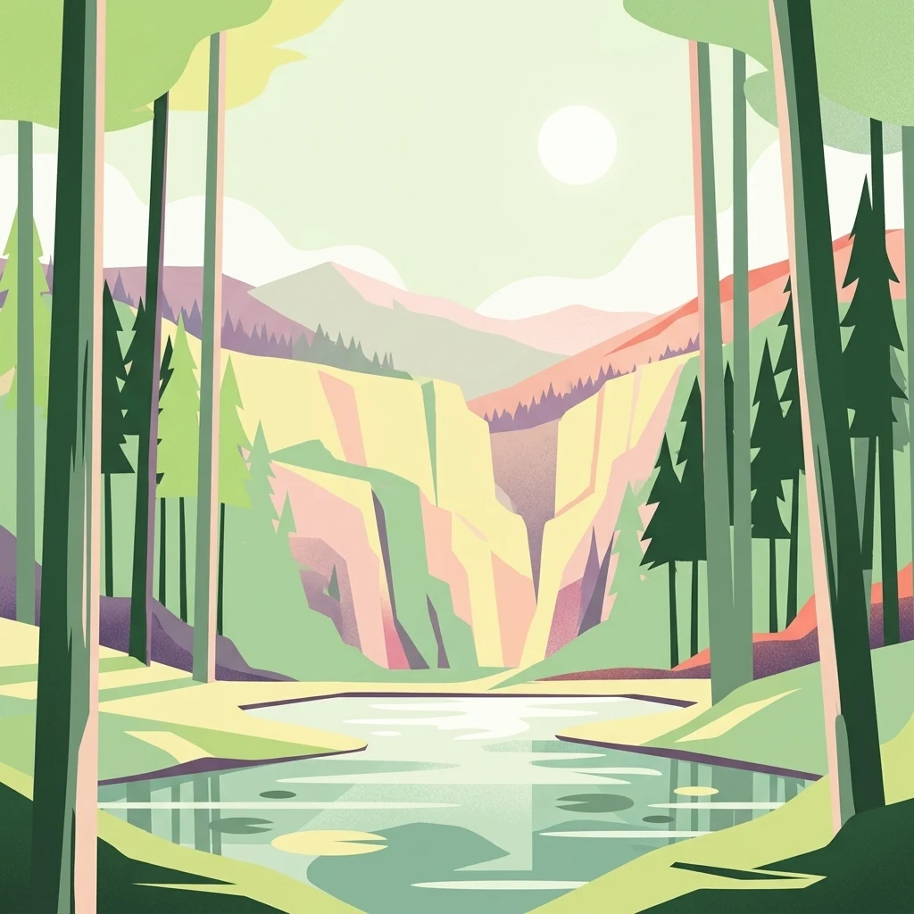 A minimalist, flat-style digital illustration depicting a calm pond in the foreground, framed by tall stylized pine trees, with mountains in the background under a pale sun.