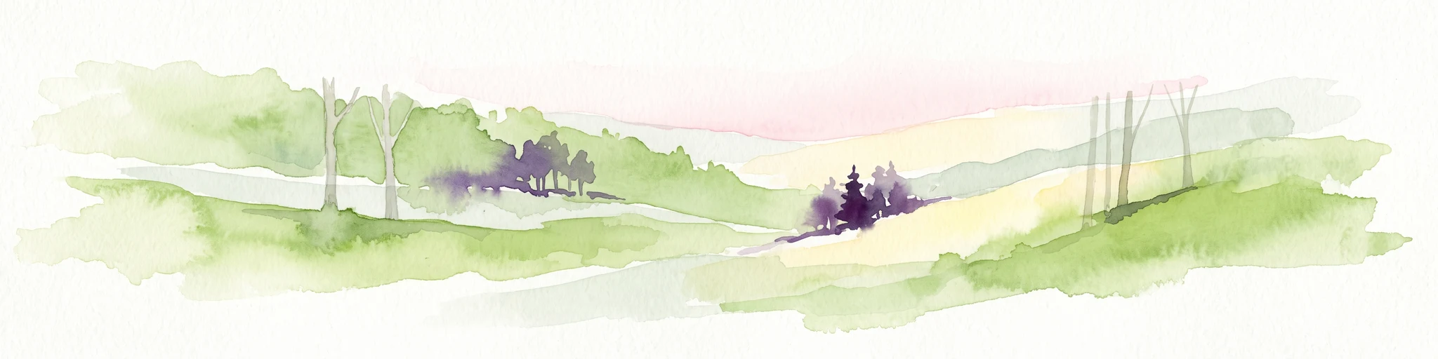 A horizontal watercolor painting depicting a soft green landscape with scattered trees, rolling hills, and a pale pink sky on a white background.