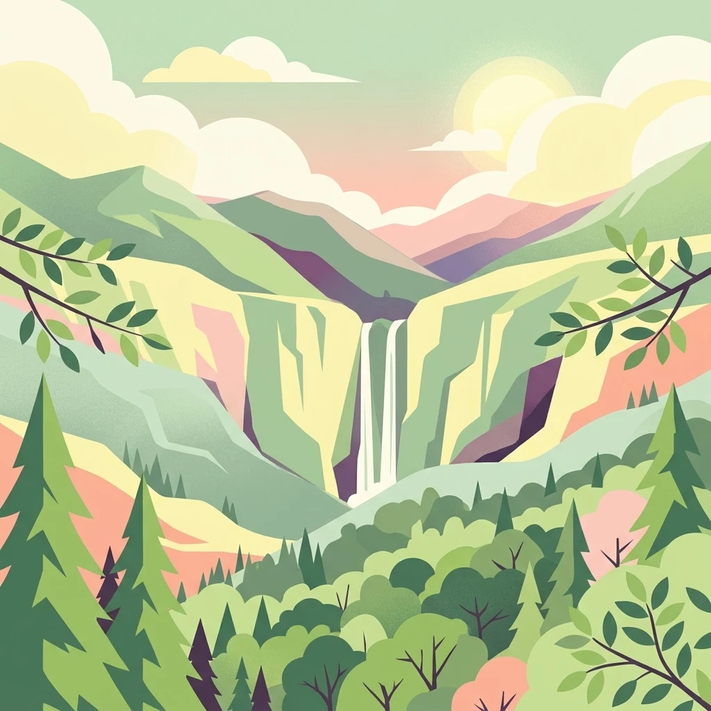 Una ilustración digital estilizada de una cascada que fluye por un cañón rocoso entre montañas verdes onduladas bajo un cielo pastel.