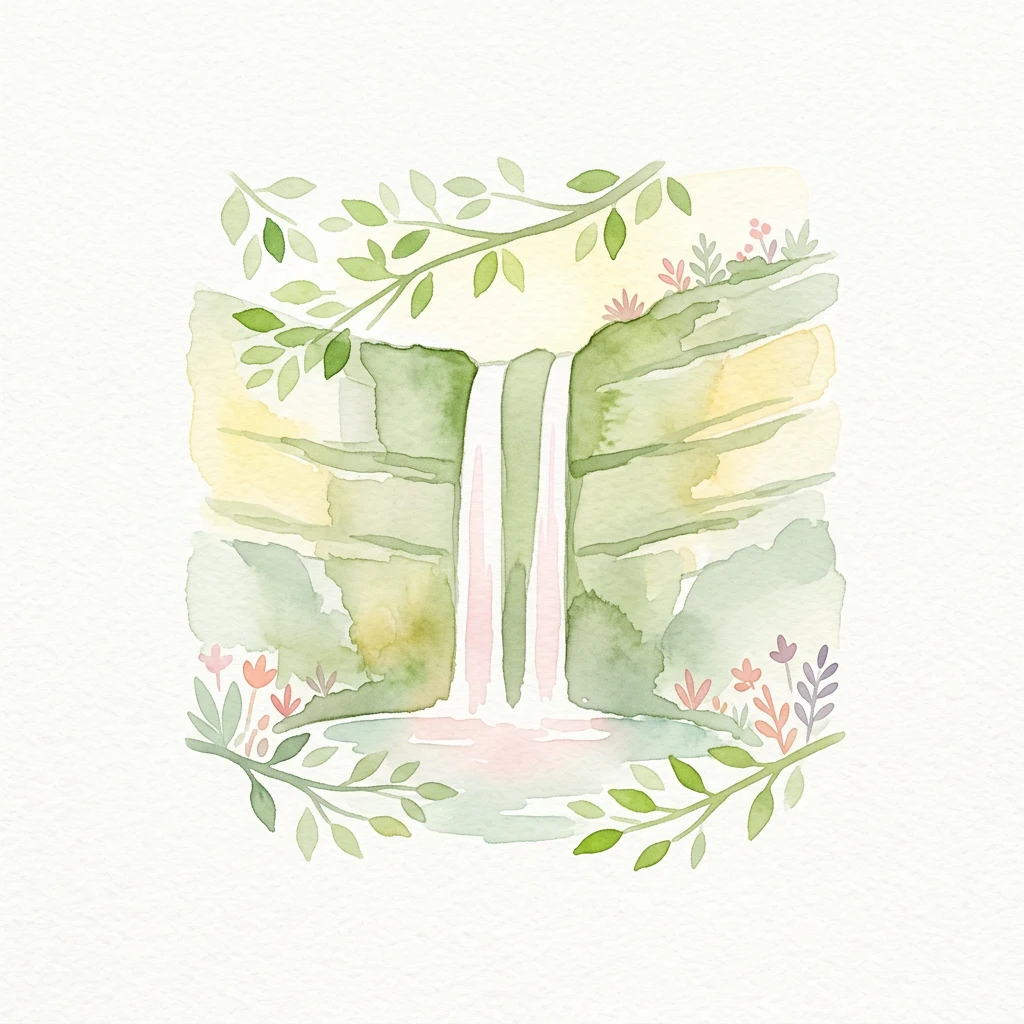 Watercolor illustration of a waterfall with green foliage and floral decorations