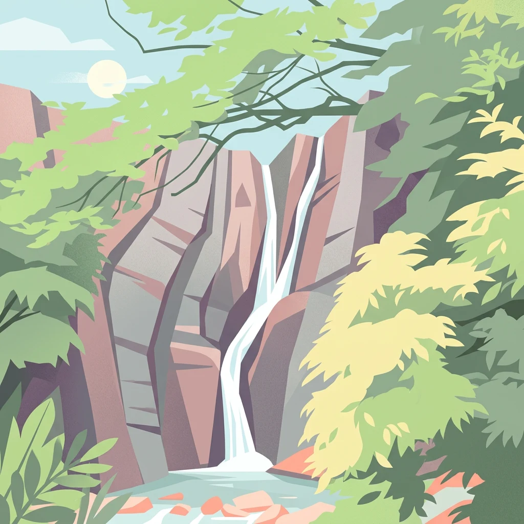Representación artística de una cascada cayendo por acantilados rocosos rodeados de árboles y vegetación verdes