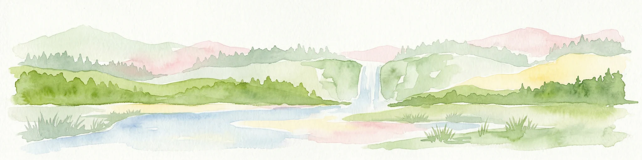 Obra de arte en acuarela que representa una cascada cayendo entre colinas boscosas con un lago en primer plano y montañas a lo lejos