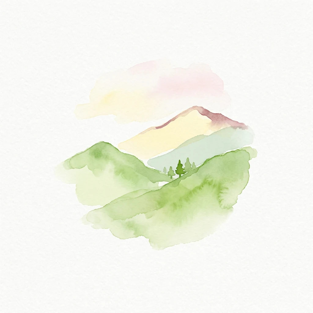 Watercolor illustration showing green hills and mountains with pink and yellow sky
