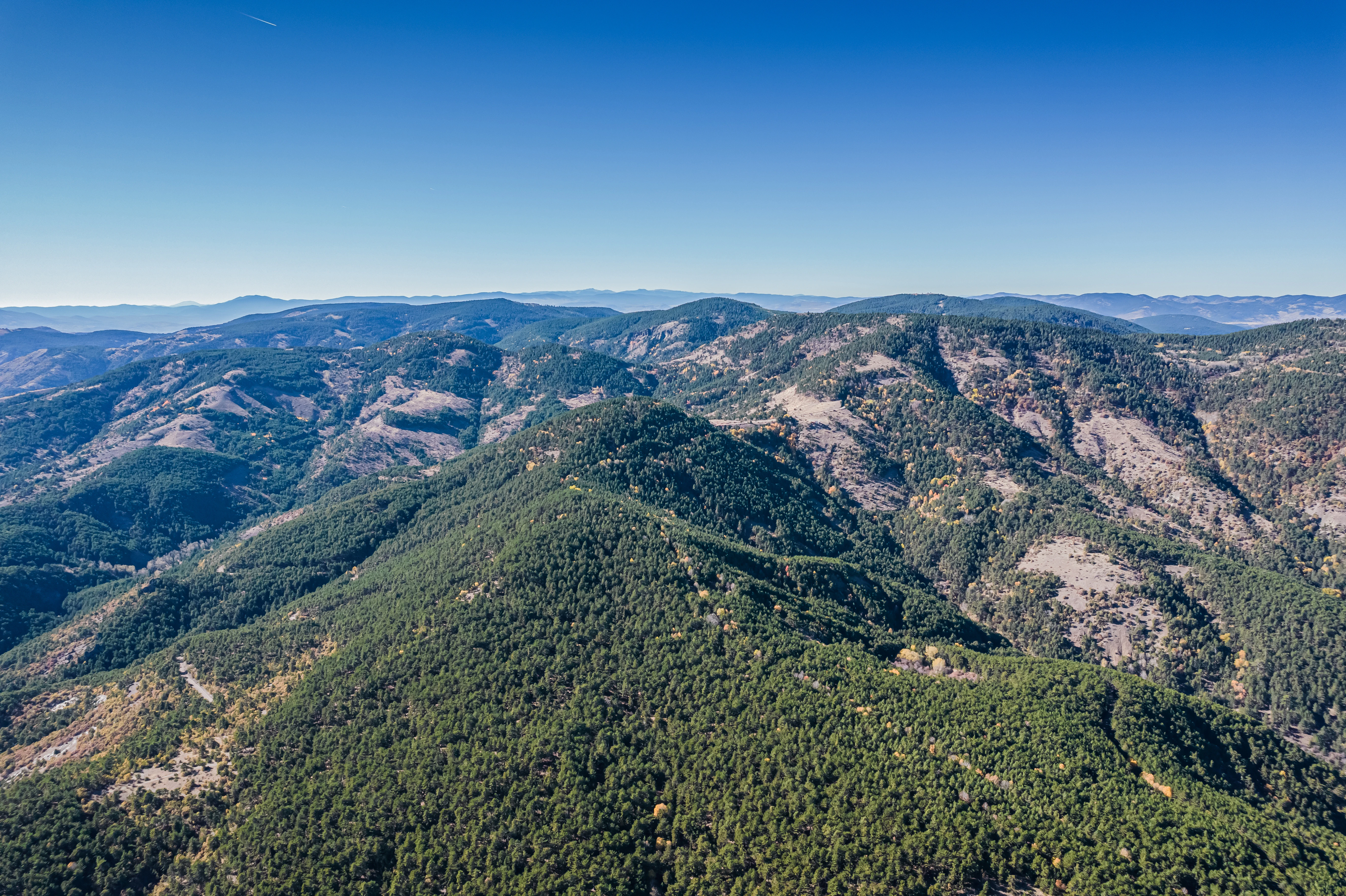 Aerial view of forested mountains and valleys under a clear blue sky