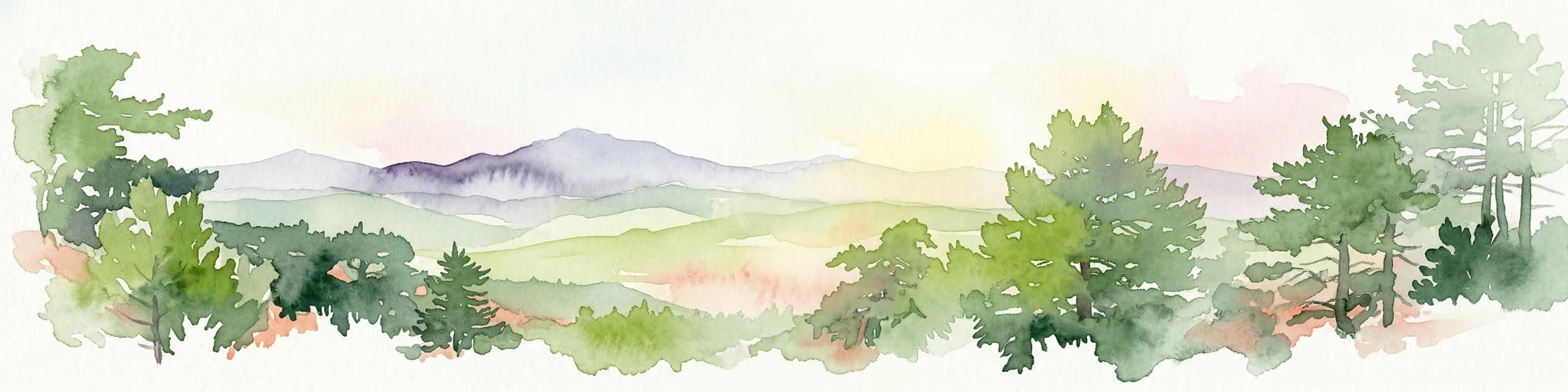 Ilustración en acuarela de un paisaje boscoso con árboles verdes, colinas onduladas y montañas distantes