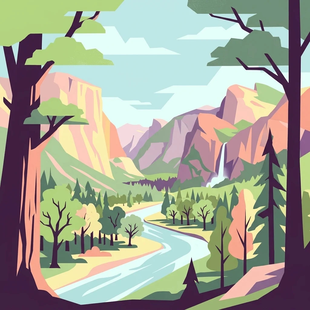 A vibrant flat-design illustration showing a winding river flowing through a forested mountain valley with a waterfall visible in the background.