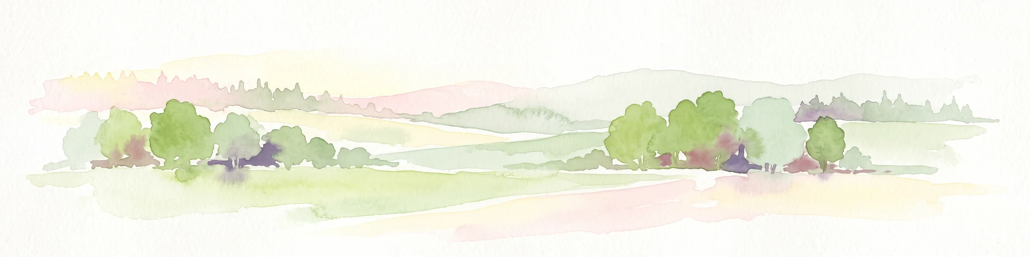 Watercolor painting of a soft landscape with rolling hills and patches of deciduous trees in shades of green, yellow, and faint red, set against a plain white background.