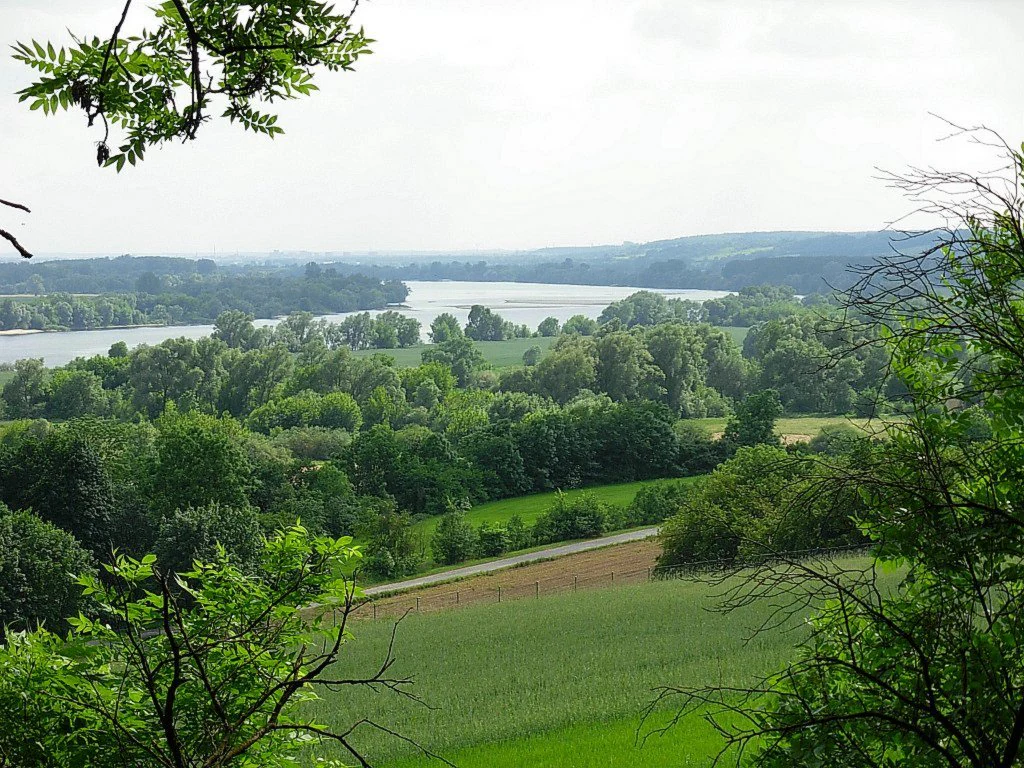 A wide, high-angle view looking out over a river valley with green fields, forests, and a section of the Vistula River winding through the background.