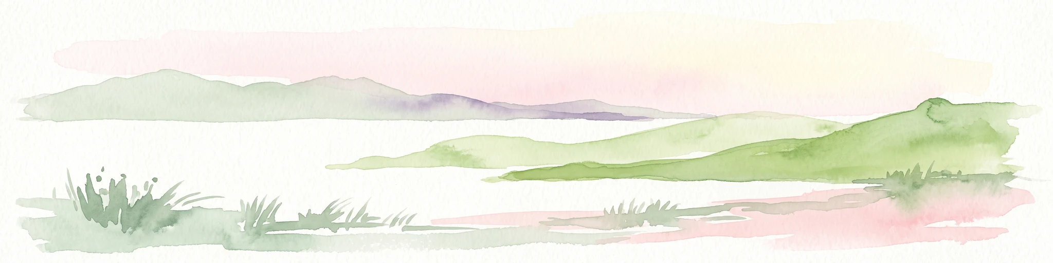 A soft watercolor illustration showing a peaceful coastal landscape with rolling green hills, calm water, and distant island silhouettes under a pale pink sky.