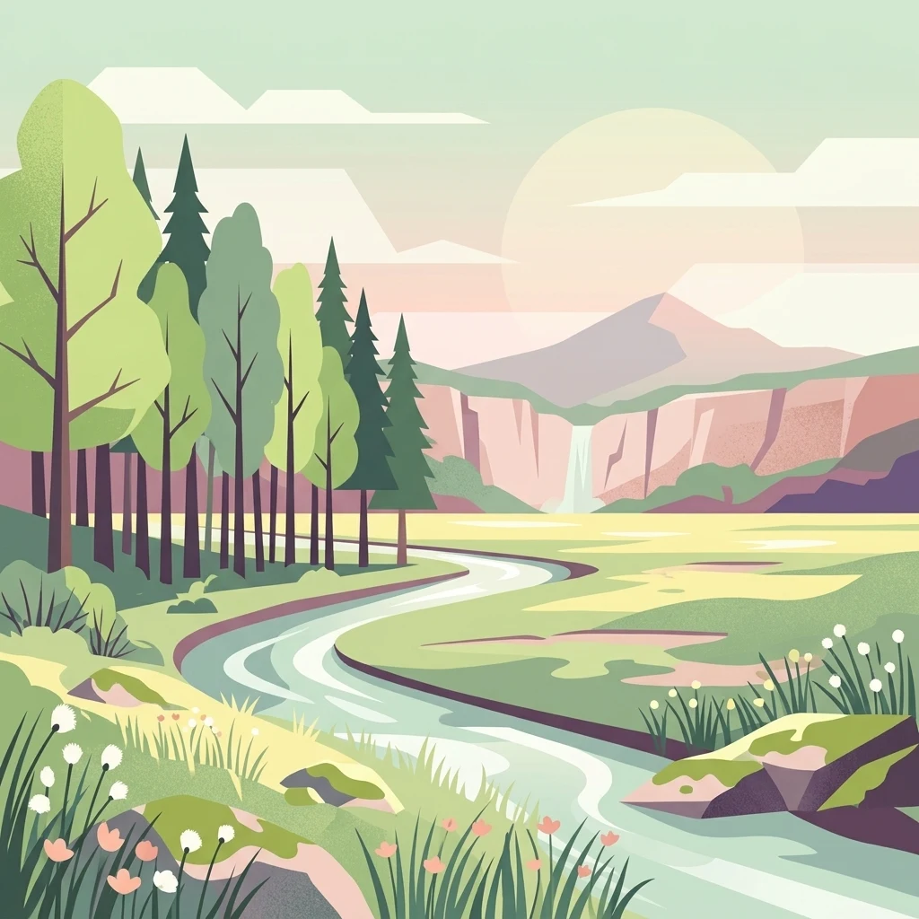 Una ilustración digital de estilo plano de un río serpenteante que fluye a través de un valle verde y frondoso hacia una cascada lejana y montañas onduladas bajo un sol pálido.