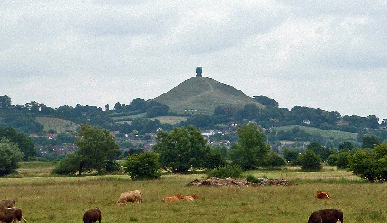 Una vista amplia de una colina cubierta de hierba, Glastonbury Tor, coronada por una torre de piedra, vista desde una llanura de pastoreo de ganado en los Somerset Levels.