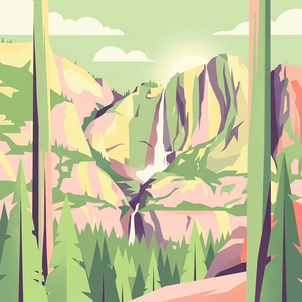 Una ilustración de una alta cascada que se precipita por los escarpados acantilados de la montaña, rodeada de un bosque de pinos en la base.