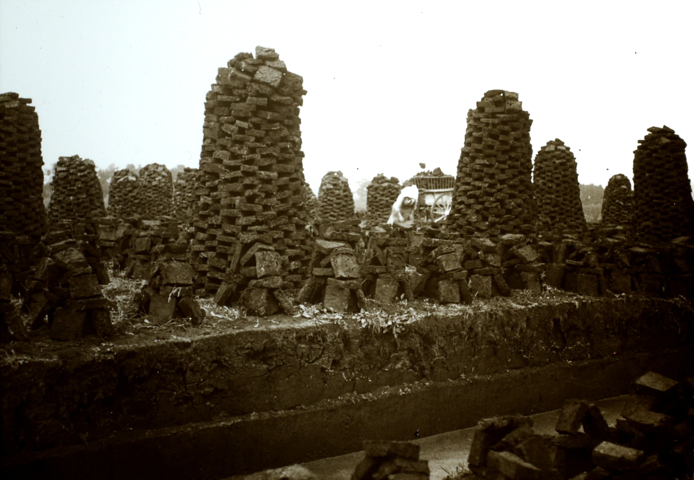 Una fotografía de archivo de 1905 de pilas cónicas de bloques oscuros de turba dispuestos en un campo.