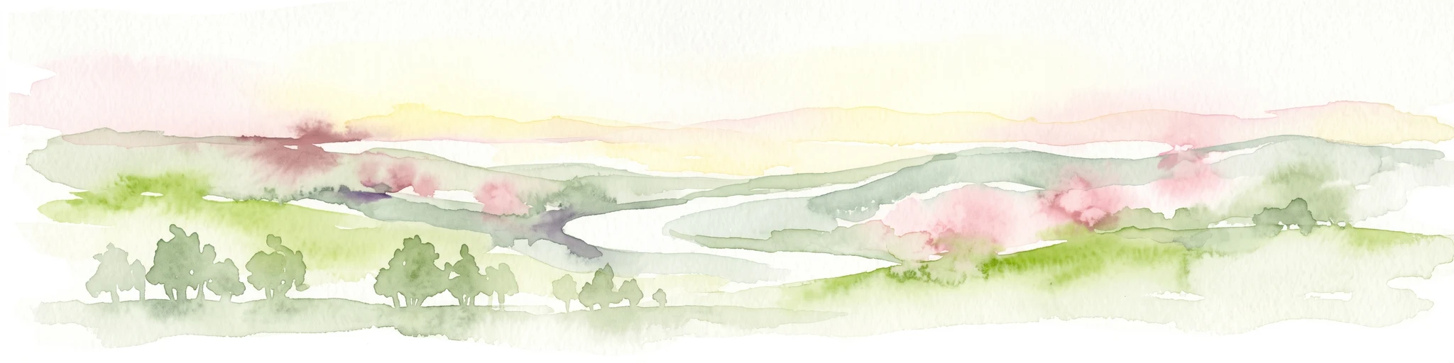 Watercolor painting of a wetland landscape featuring a winding river, rolling green hills, and soft-focus trees under a light sky.