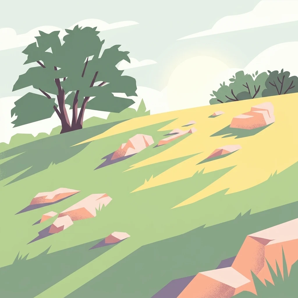Una ilustración digital estilizada de una ladera cubierta de hierba salpicada de afloramientos rocosos dispersos y un único árbol prominente bajo un cielo suave.
