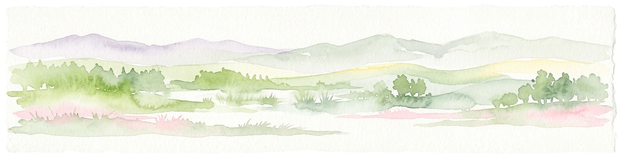 A pale, soft-toned watercolor painting depicting a gentle, rolling landscape with green fields, distant hills, and sparse clusters of trees.