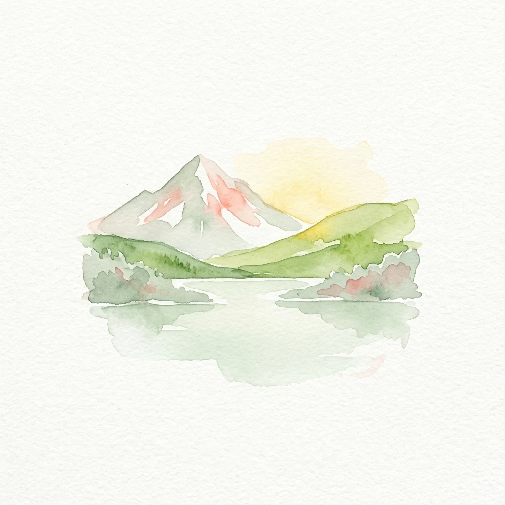 Ilustración en acuarela de una montaña con pico nevado, colinas verdes, un lago y reflejo del atardecer