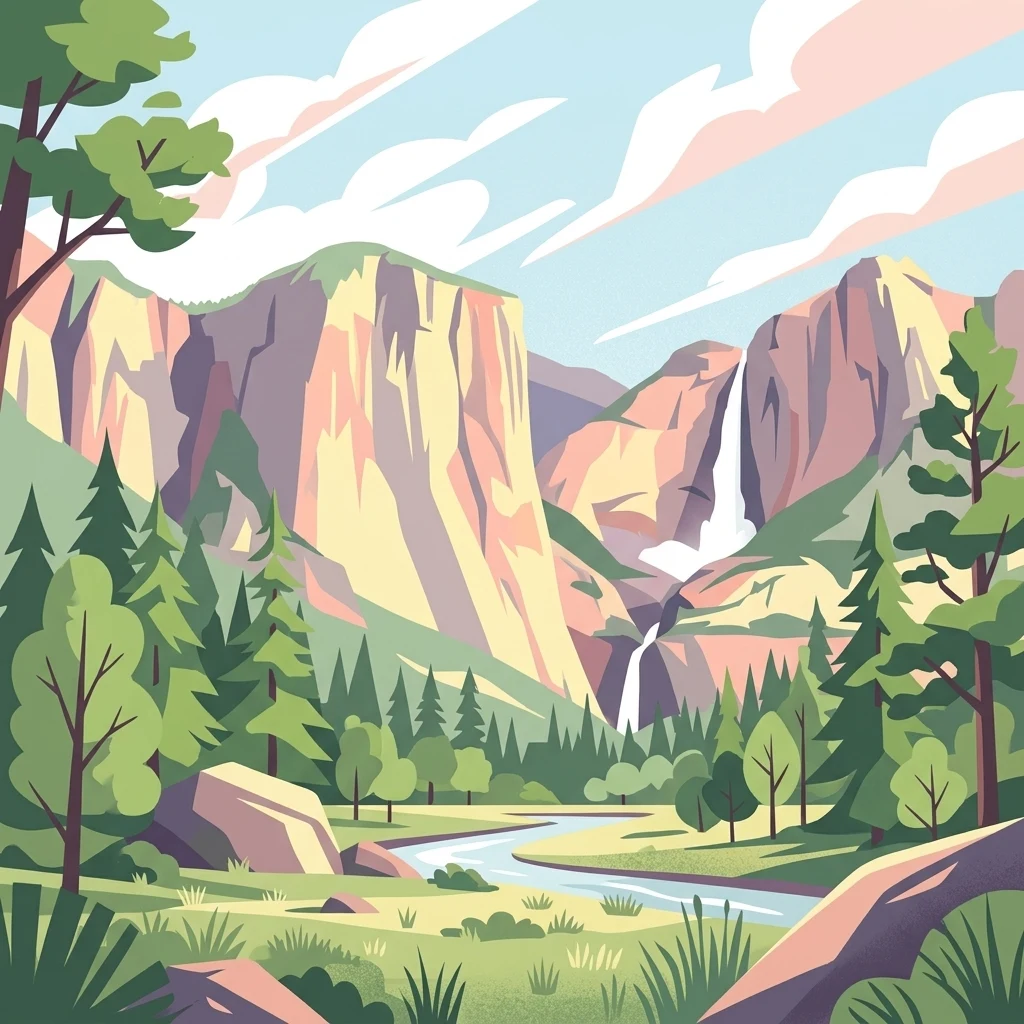 Una ilustración gráfica de estilo plano que representa un valle con acantilados altos, dos cascadas escalonadas en la distancia, un arroyo serpenteante en primer plano y pinos bajo un cielo con nubes ligeras.