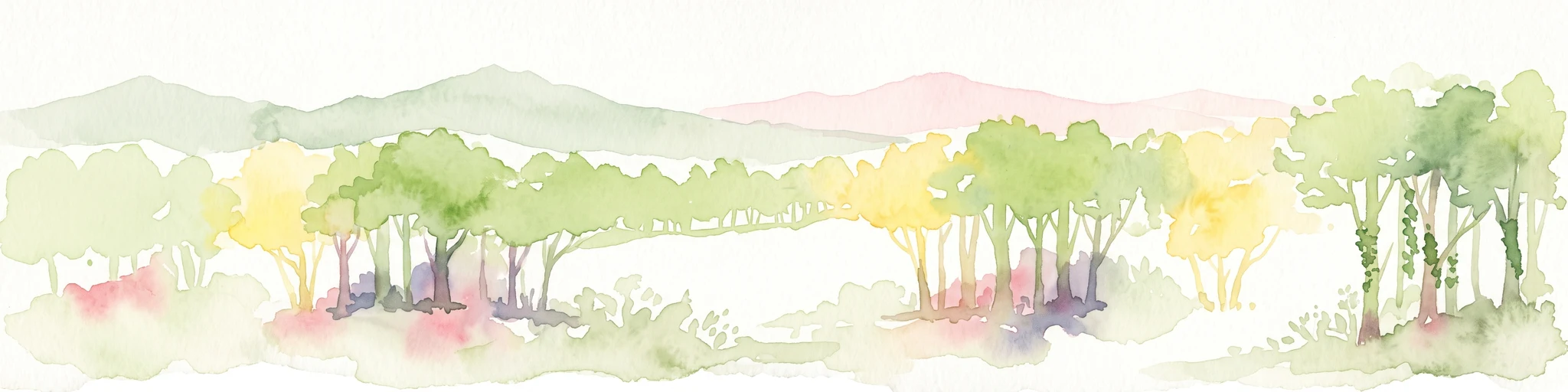A horizontal watercolor illustration featuring a stylized forest with shades of green and yellow trees against a backdrop of soft, faint hills.