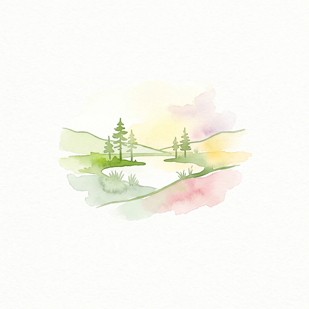 Ilustración de acuarela de un paisaje con colinas verdes, pinos dispersos, un pequeño lago y cielo en tonos pastel