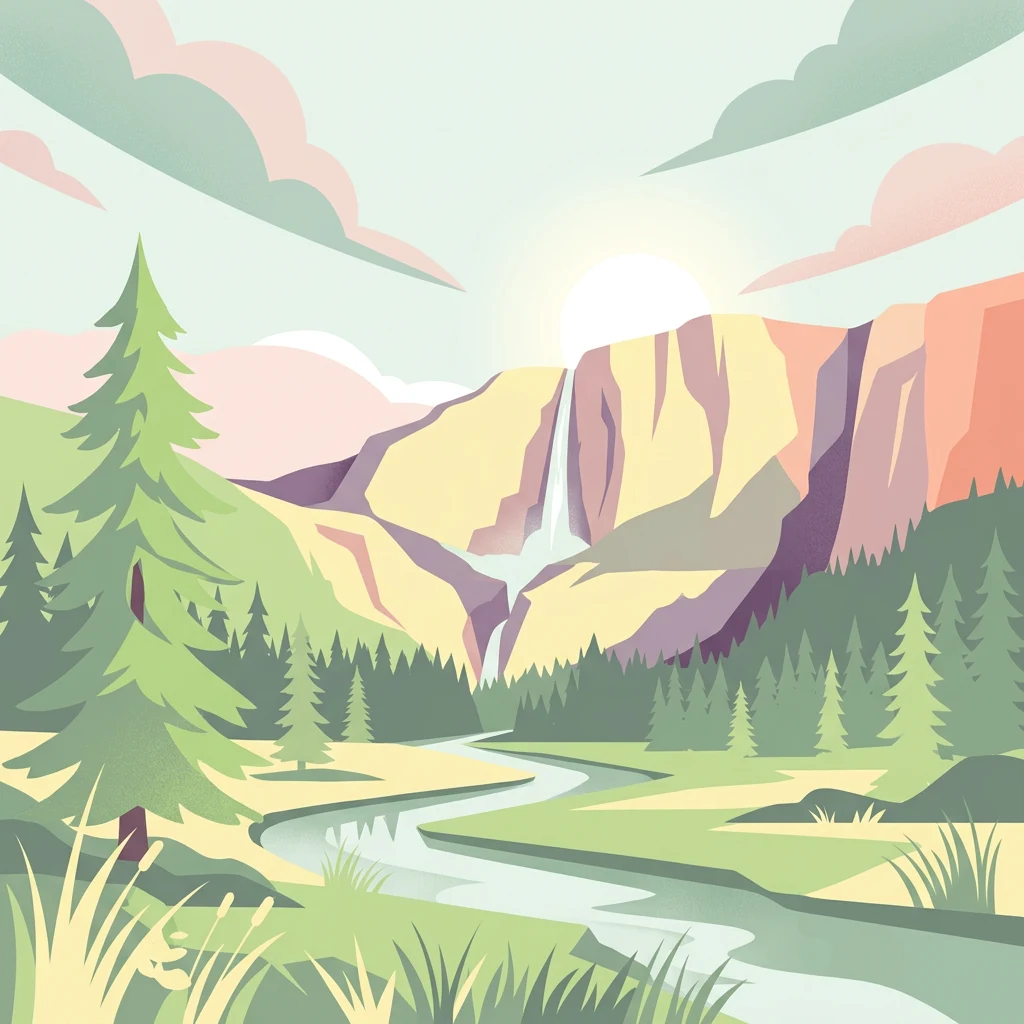 Ilustración que muestra una cordillera con una cascada, un río que fluye a través de un valle boscoso y un cielo parcialmente nublado