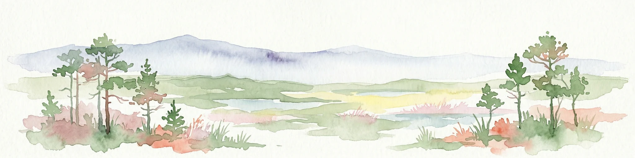 Pintura de acuarela que muestra un paisaje de humedal con árboles dispersos, zonas pantanosas y montañas distantes bajo un cielo apagado
