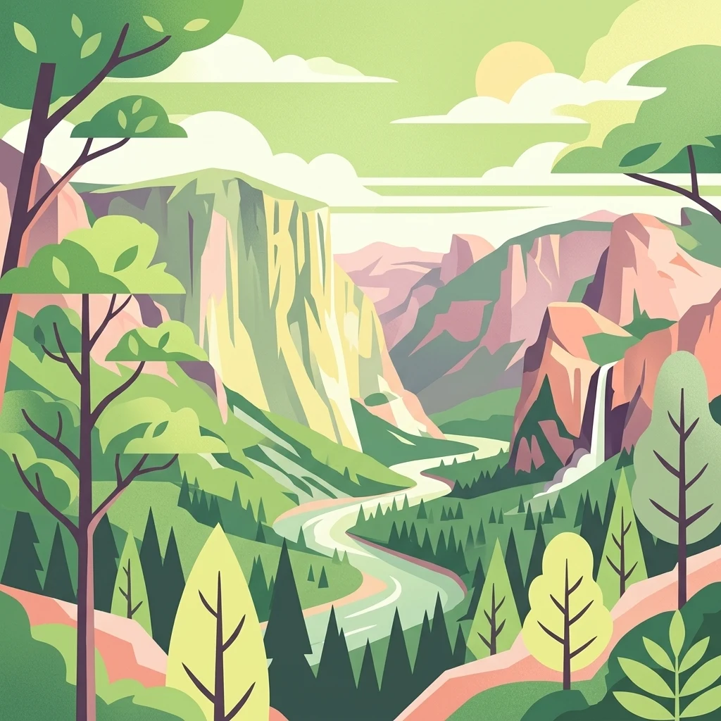Stylized flat vector illustration of a scenic valley with steep rock cliffs, a winding river flowing through the center, a waterfall on the right, and pine forests in the foreground under a sunlit sky.