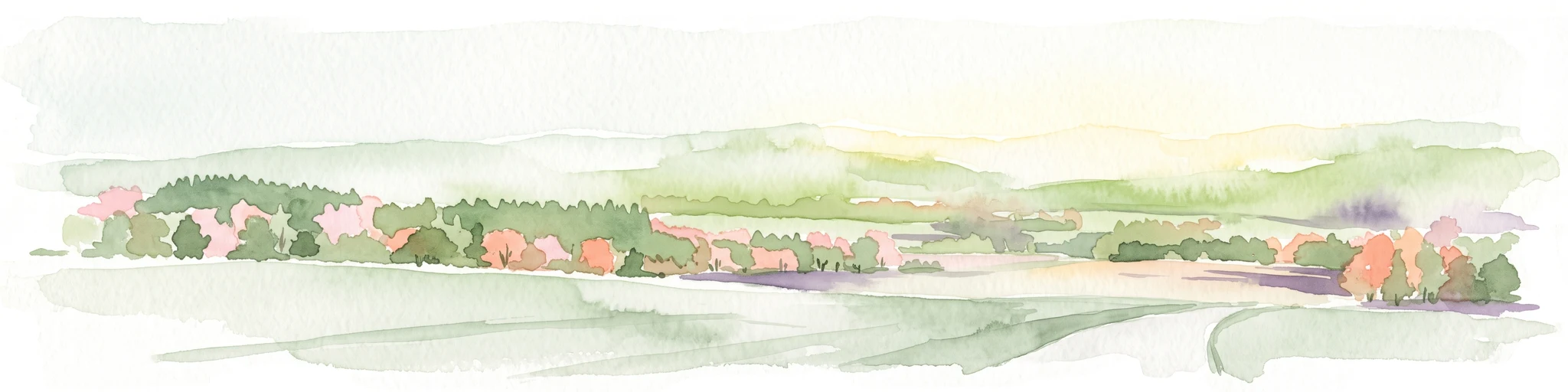 A soft, painterly watercolor illustration of a rolling landscape with patches of forest, light green fields, and distant hazy hills.