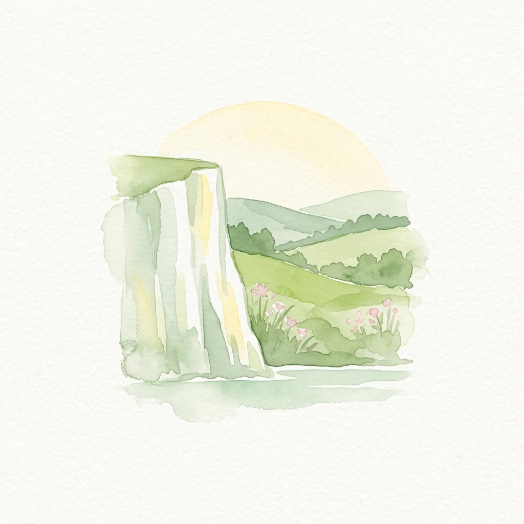 Watercolor illustration of a chalk cliff, green rolling hills, pink wildflowers, and a setting sun