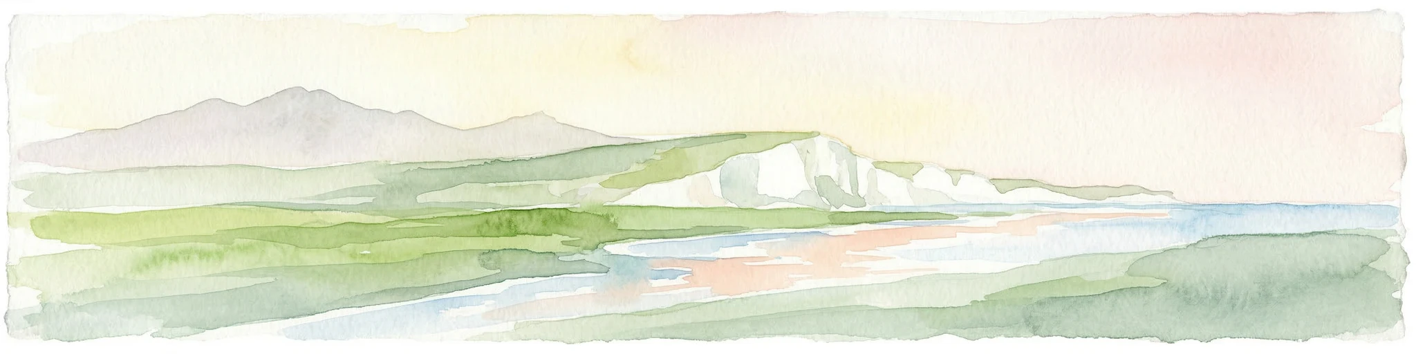 Watercolor illustration of a coastal landscape featuring green hills, white cliffs, and a body of water