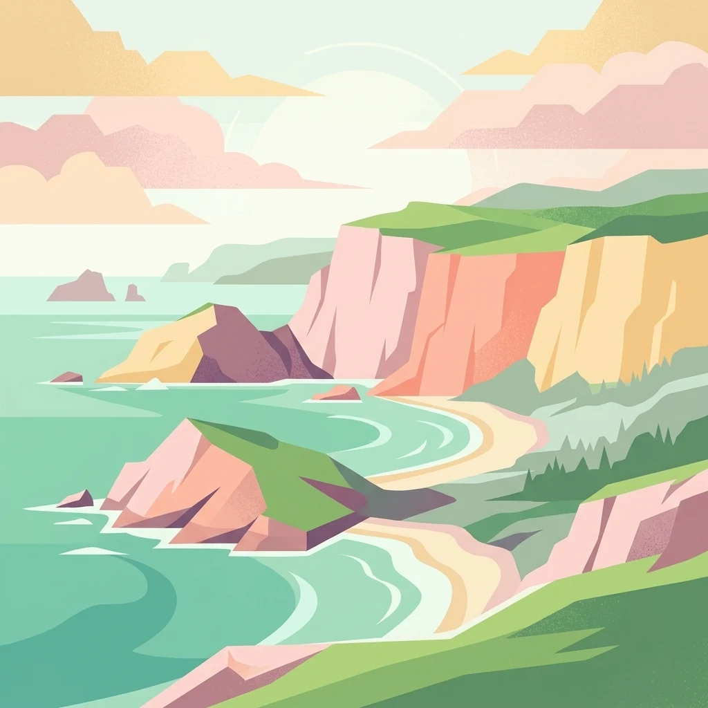 A stylized flat-design illustration of a rugged coastline with cliffs, sandy beaches, and turquoise water under a soft, sunset-colored sky.