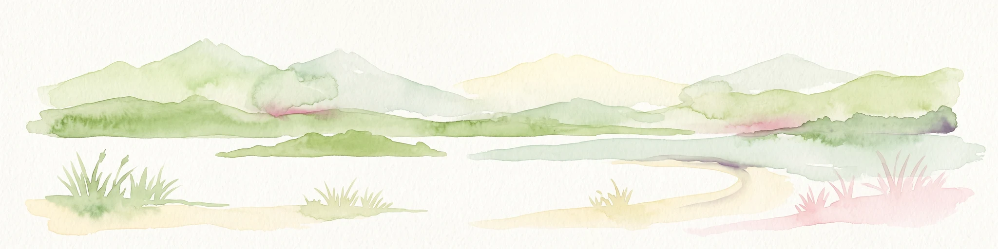 Una ilustración suave en acuarela que representa un paisaje de colinas onduladas verdes, una masa de agua tranquila y vegetación herbácea dispersa.
