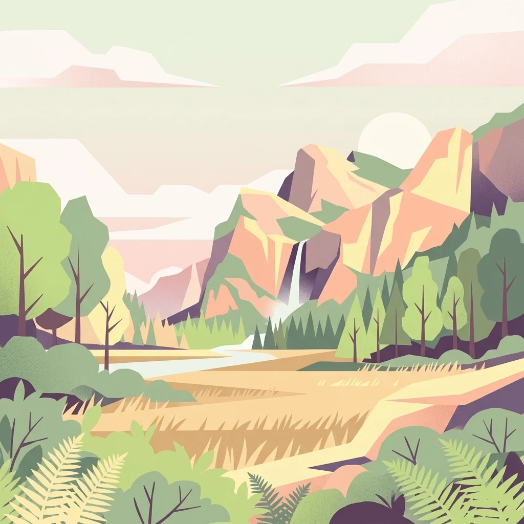 A flat-style digital illustration depicting a mountainous landscape with a small waterfall, green trees, ferns in the foreground, and a pale sunset sky.