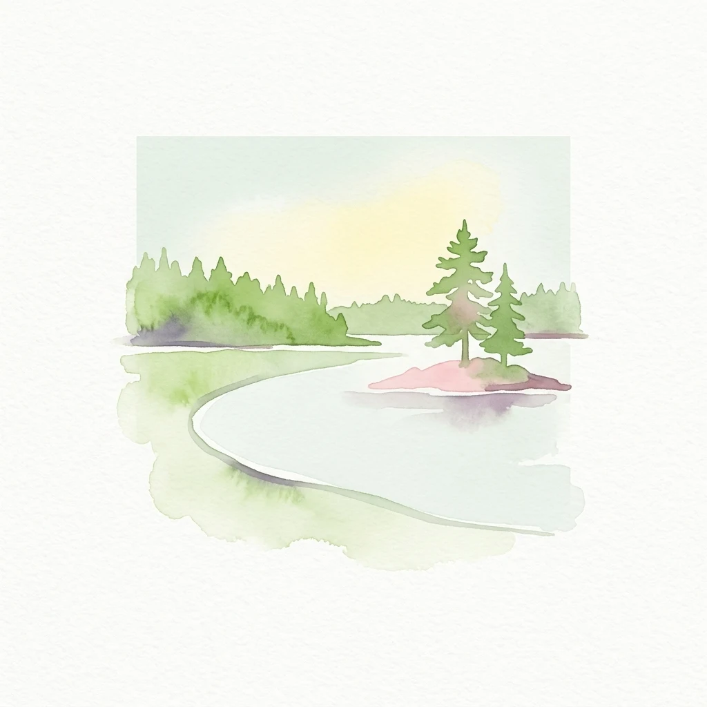 Watercolor illustration of a lake with a small island, two pine trees, and a forested shoreline