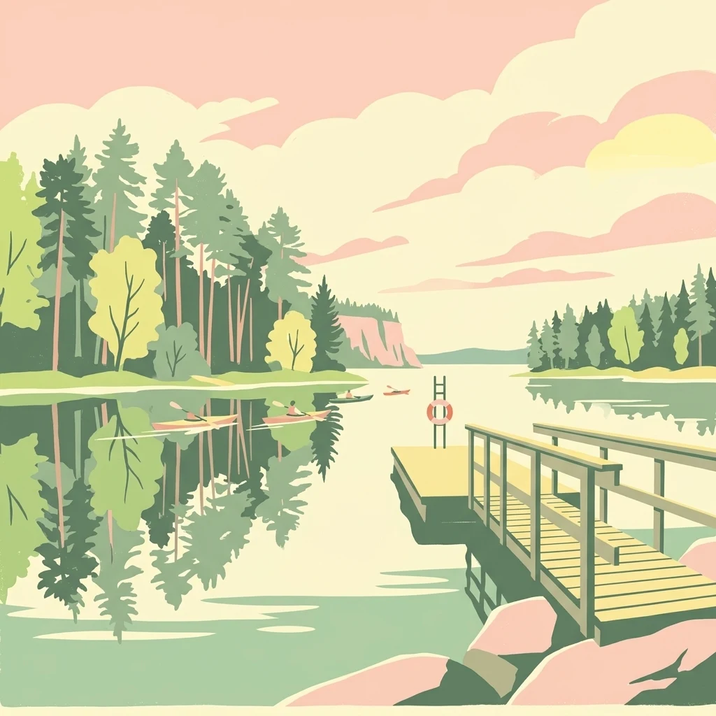 Illustration of a wooden dock extending into a lake with canoes, surrounded by forested shoreline and distant hills under a pink and yellow sky