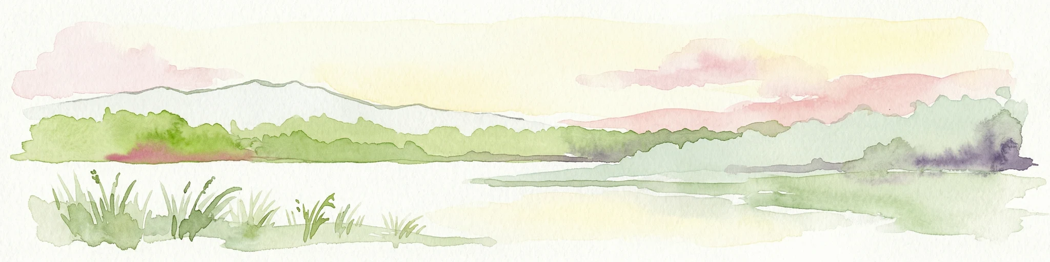 Pintura de acuarela que representa un lago, primer plano con césped y montañas bajo un cielo rosa y amarillo