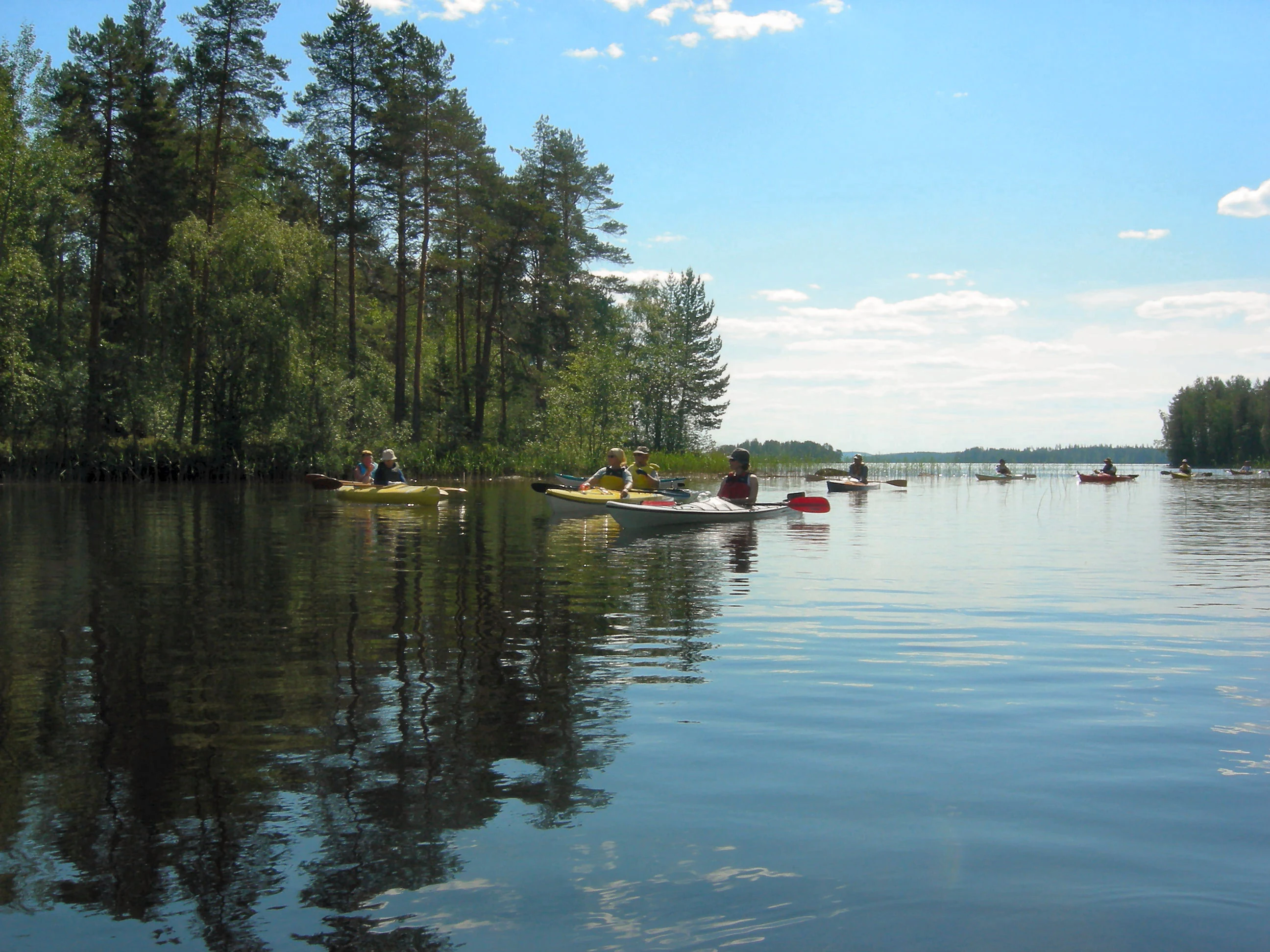 Lake Konnevesi with kayakers and surrounding forest under a clear blue sky