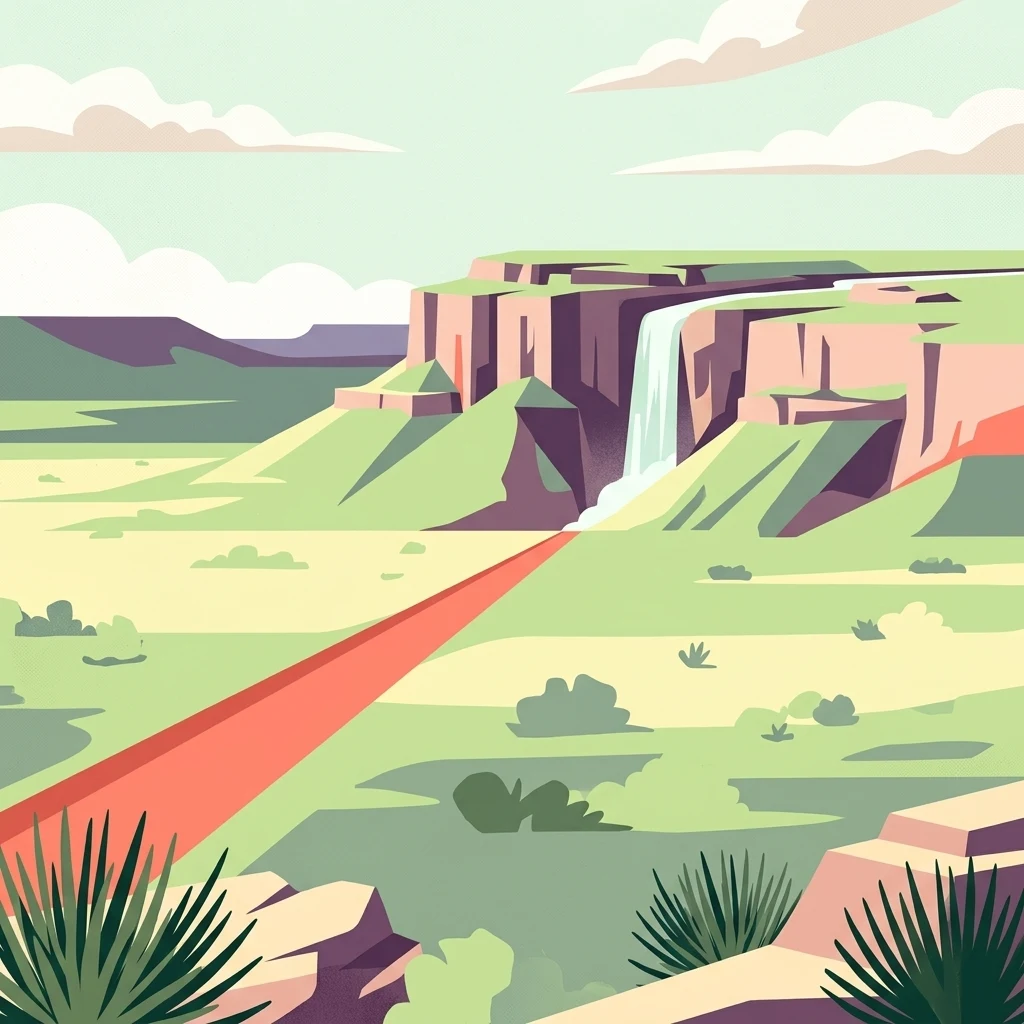 A flat-style digital illustration showing a desert canyon with a waterfall cascading from a cliff, a red dirt path in the foreground, and sparse desert vegetation.