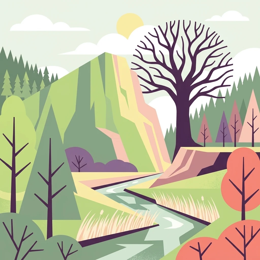 A flat vector-style illustration featuring a winding river flowing through a terraced landscape with hills, a large bare tree in the foreground, and pine forests under a pale sky.
